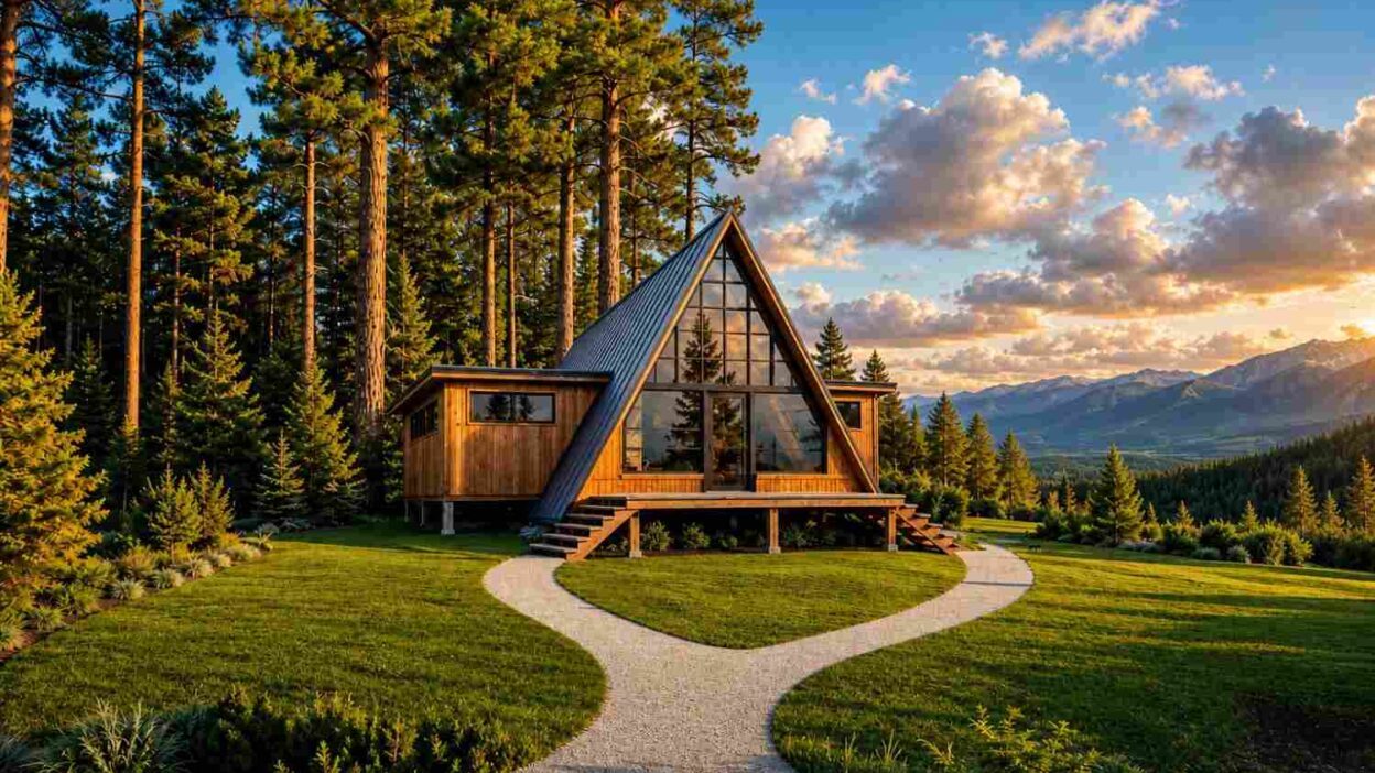 Modern A-Frame Cabin Plan with Triangular Glass Gable
