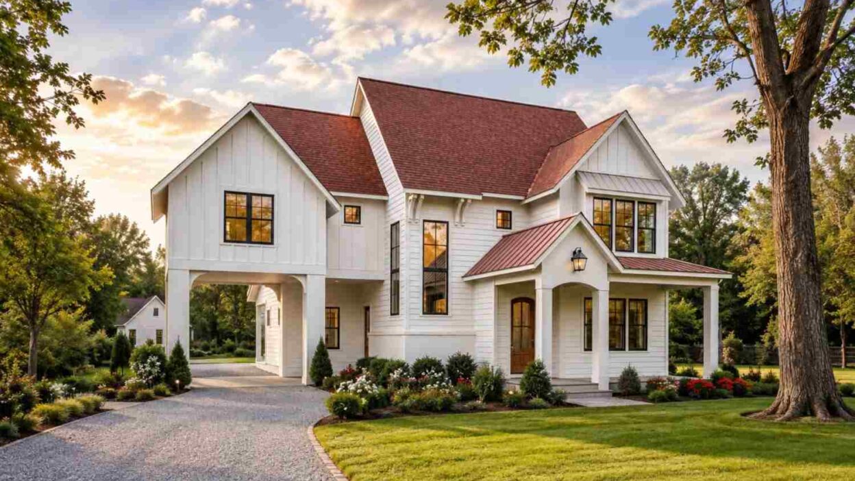 6 Bedroom 2 Story Farmhouse House Plan with Porte Cochere