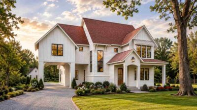 6 Bedroom 2 Story Farmhouse House Plan with Porte Cochere