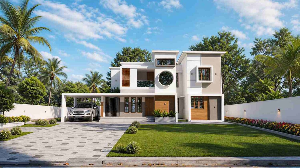 5 Bedroom 2 Story Tropical Contemporary House Plan with Circular Window Facade