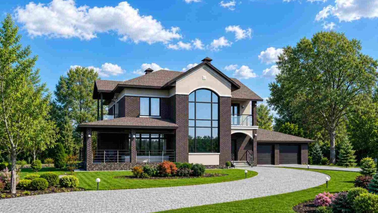 Brick Manor Contemporary House Plan with Arched Two-Story Window