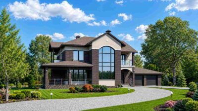 Brick Manor Contemporary House Plan with Arched Two-Story Window