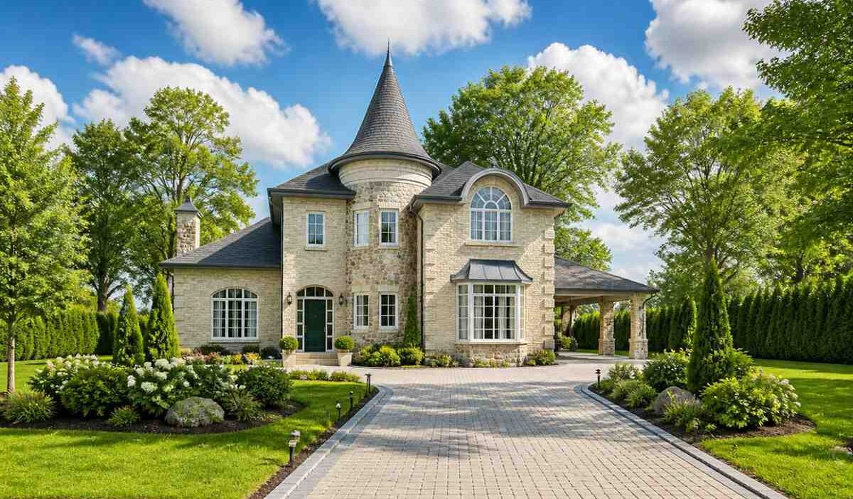 4 Bedroom Norman Turret Traditional House Plan with Round Turret and Conical Roof