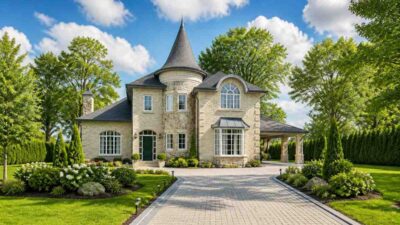 4 Bedroom Norman Turret Traditional House Plan with Round Turret and Conical Roof