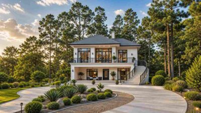 This Modern Villa House Plan with Curved Exterior Staircase