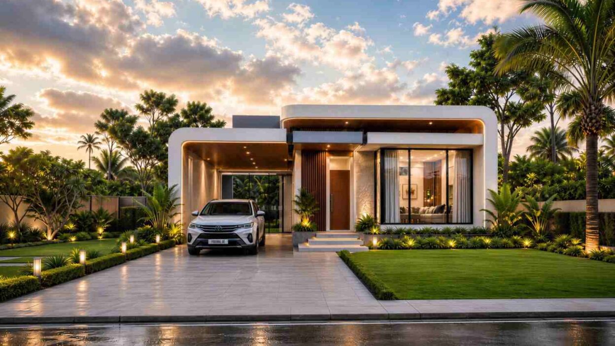Tropical Modern House Plan: 3 Bed with Deep Carport Entry