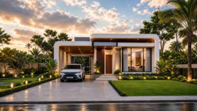 Tropical Modern House Plan: 3 Bed with Deep Carport Entry