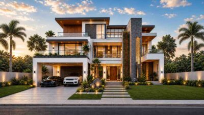 6 Bedroom 3 Story Modern House Plan with Rooftop Entertainment Lounge