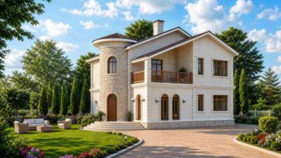 4 Bedroom 2 Story Mediterranean Cottage House Plan with Turret Study