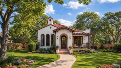 3 Bedroom Single Story Spanish Mission Bungalow House Plan with Bell Tower Foyer