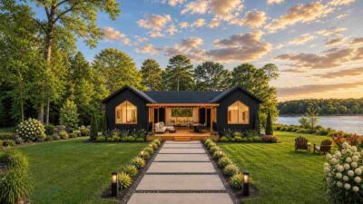 2 Bedroom Twin Gable Black Farmhouse Plan with Sunscreen Porch