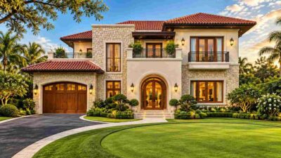 Spanish Colonial Villa House Plan with Dual Curved Stairs