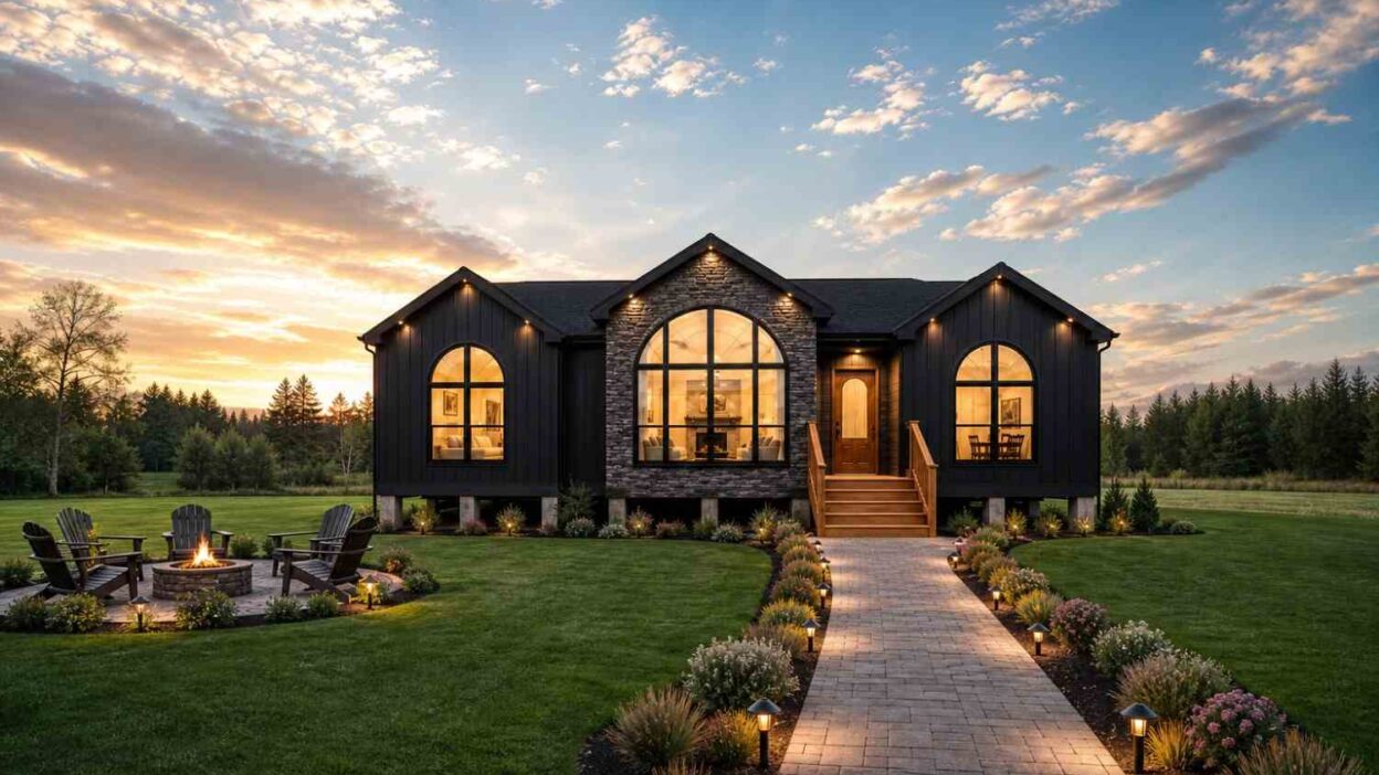 Stone Arch Black Farmhouse House Plan with Vaulted Great Room
