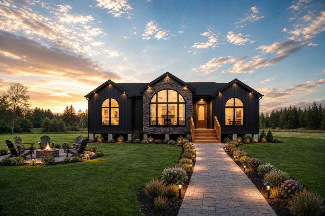 Stone Arch Black Farmhouse House Plan with Vaulted Great Room