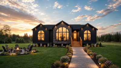 Stone Arch Black Farmhouse House Plan with Vaulted Great Room