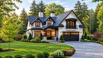 Black-Trim Modern Farmhouse Plan with Outdoor Fireplace