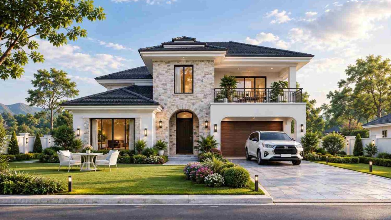 5 Bedroom Transitional Stone and Stucco Villa Plan with Lanai and Pool