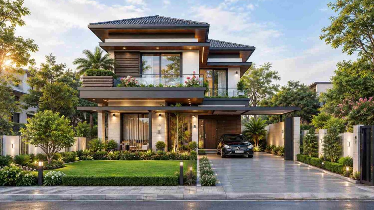 6 Bedroom Asian Contemporary Villa House Plan with Triple Balconies