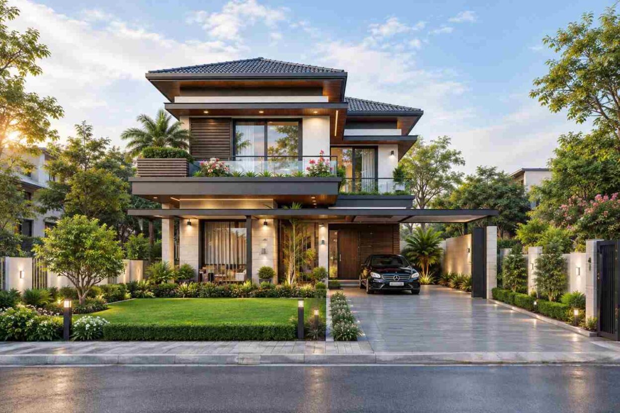 6 Bedroom Asian Contemporary Villa House Plan with Triple Balconies