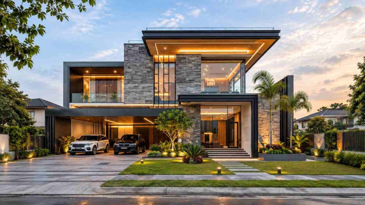 6 Bed Stone-Clad Modern House Plan with Stone-Flanked Stair Core