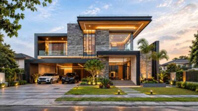 6 Bed Stone-Clad Modern House Plan with Stone-Flanked Stair Core