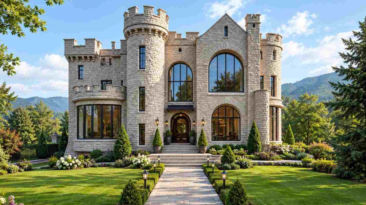 House Plan with Arched Window Wall: 8 Bedroom Modern Castle
