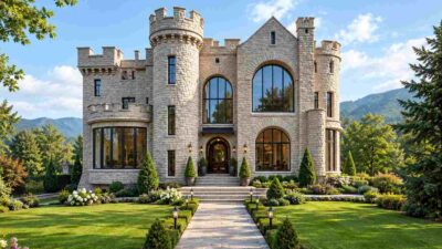 House Plan with Arched Window Wall: 8 Bedroom Modern Castle